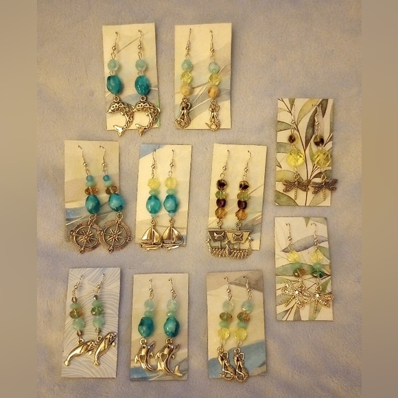 Uranium Glass Beaded Earrings Silver Charms Vintage Beads Blue Yellow Green Purp - Picture 7 of 12